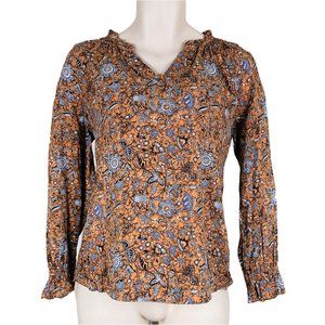Womens C&C California Sz M Orange Floral Long Sleeve V-Neck Blouse
